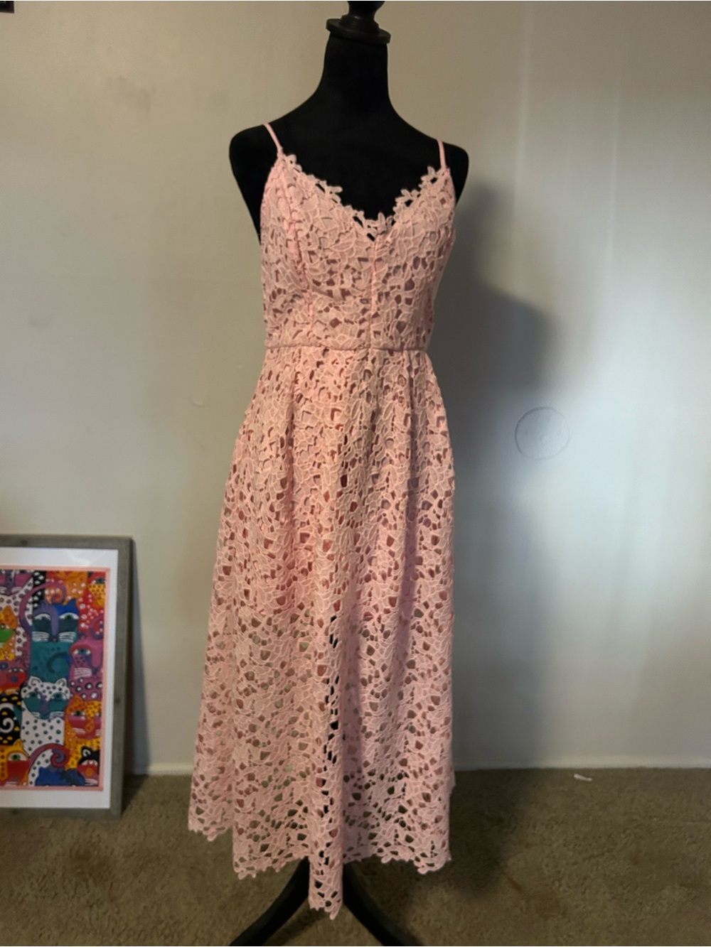 ASTR Pink Lace Midi Dress with Spaghetti Straps